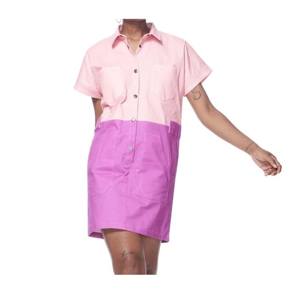 THE KIT Cargo Dress SS Dottie Blush Pink‎ Colorblock Women Medium Relaxed Cotton - Picture 16 of 16